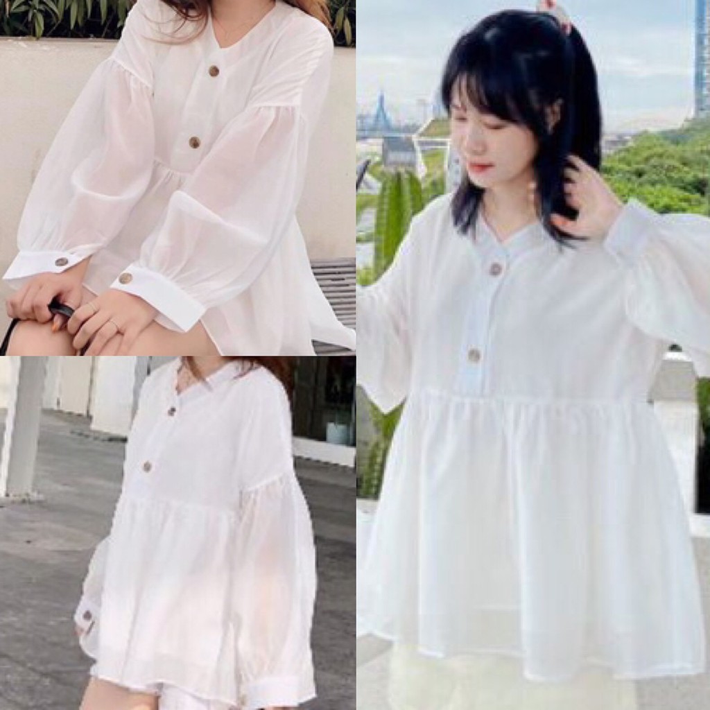 Áo Sơ Mi Dáng Babydoll Tay Bồng Siêu Xinh/áo babydoll tay bồng cúc gỗ bánh bèo giá rẻ thiết kế tỉ mỉ thời trang