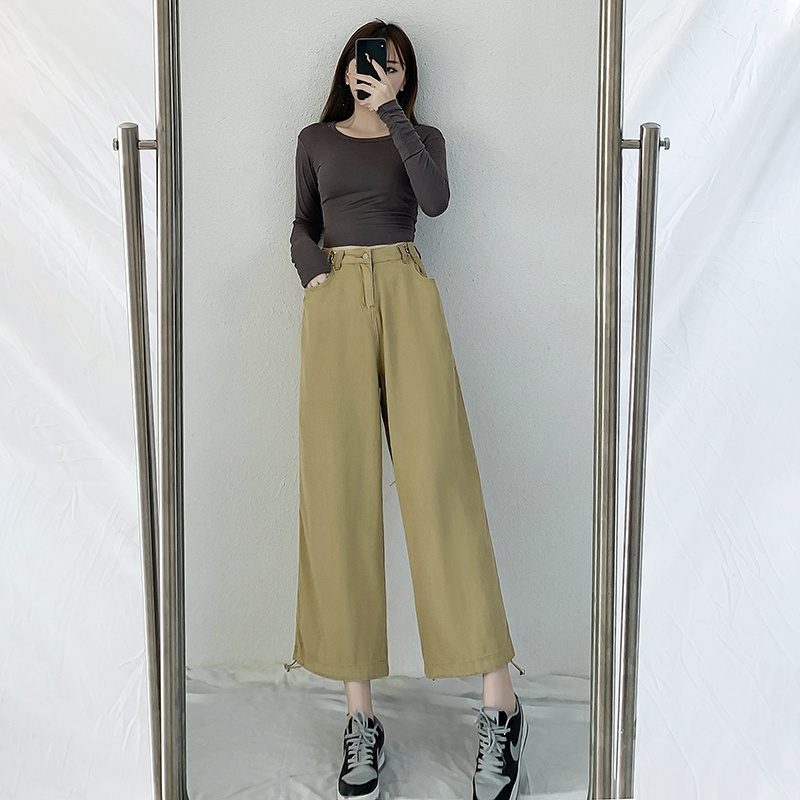 SUXI Quần nữ dáng rộng cạp cao cá tính thời trang mùa thu