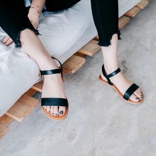 Sandal da bò quai mảnh gót bệt - giày sandal quai ngang đế bằng - sd02 - đen