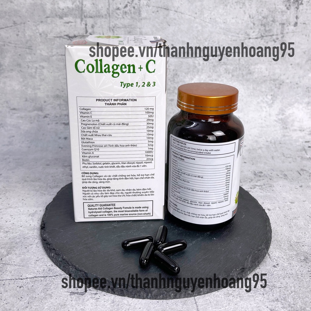 Viên uống COLLAGEN +C bổ sung collagen, vitamin e giúp chống lão hóa, cải thiện nếp nhăn - Hộp 60 viên dùng 30 ngày