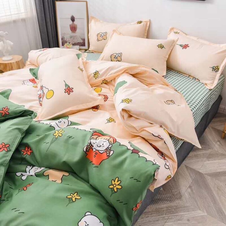 Bộ chăn ga gối drap giường chất cotton poly họa tiết cô bé rừng xanh