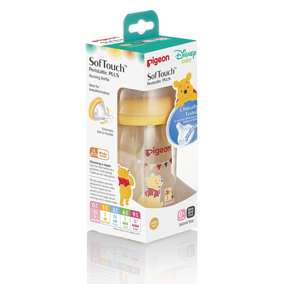 Bình sữa Pigeon PPSU Plus Cổ Rộng Pooh 160ml (S)/240ml (M) Kèm Núm Vú Size S/M