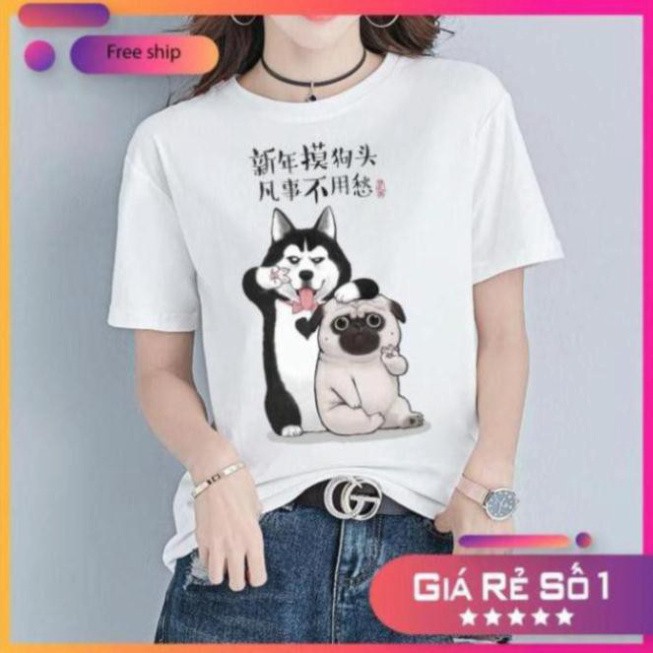 Áo thun nữ tay ngắn, áo hình chó husky vs pug có chữ- Áo thun Trung Quốc Unisex - Áo thun tay lỡ (Trắng)