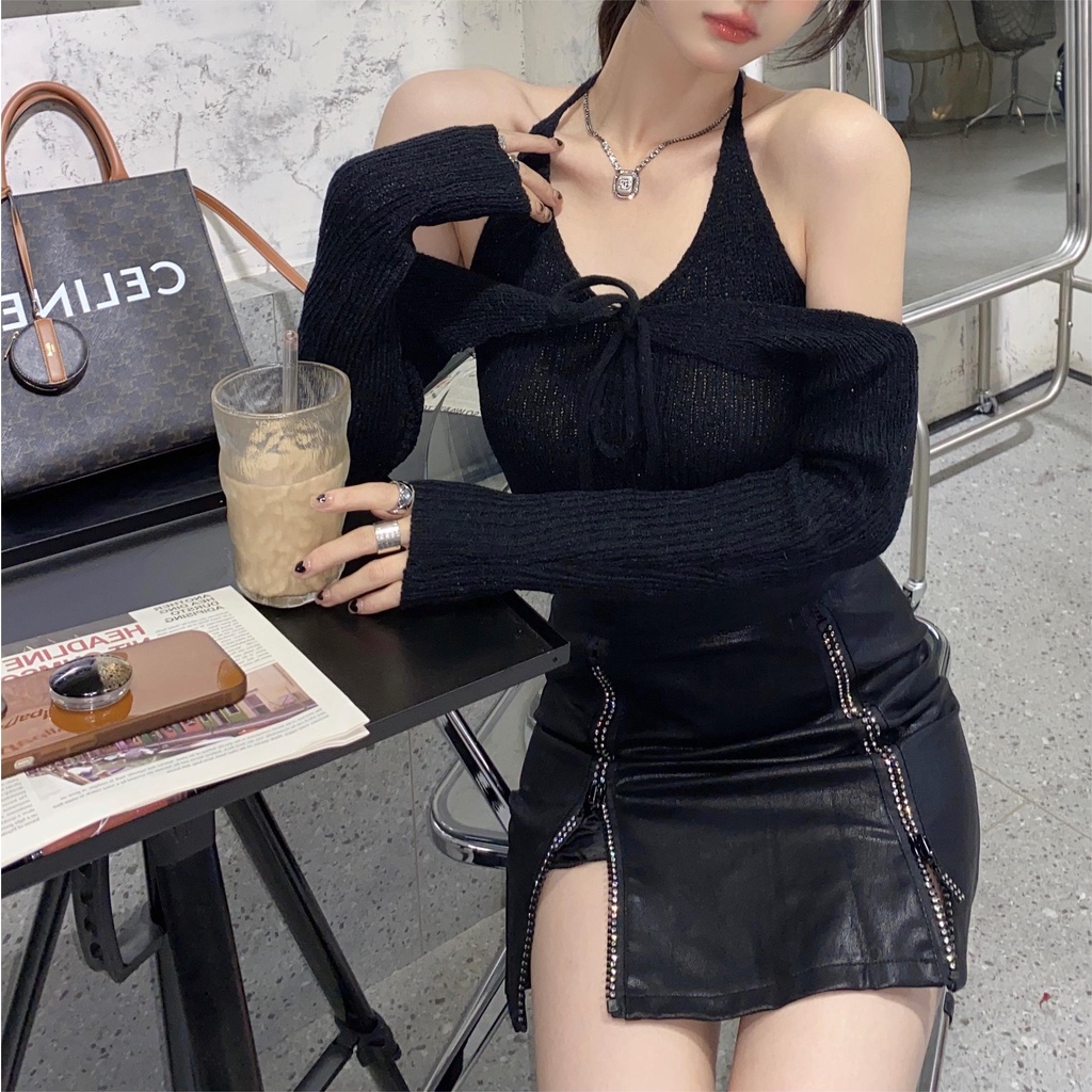 Cocory vn Set Áo Trễ Vai Tay Dài + Chân Váy Thời Trang Nữ Gợi Cảm