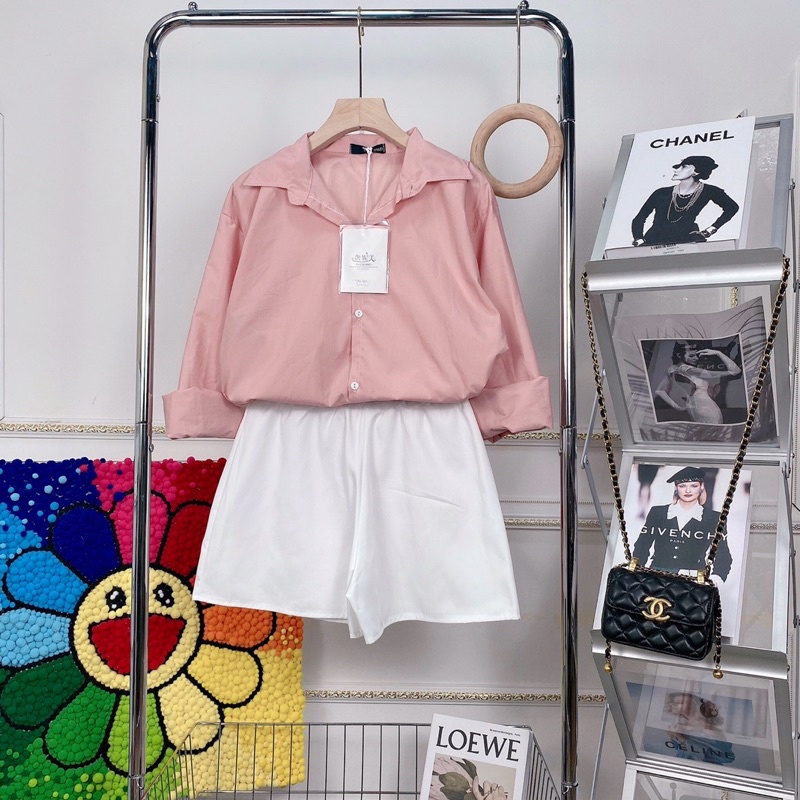 Sét áo sơ mi hồng mix quần short trắng kaki lưng cao- Sét bộ đồ nữ đi chơi phong cách hàn quốc ulzzang
