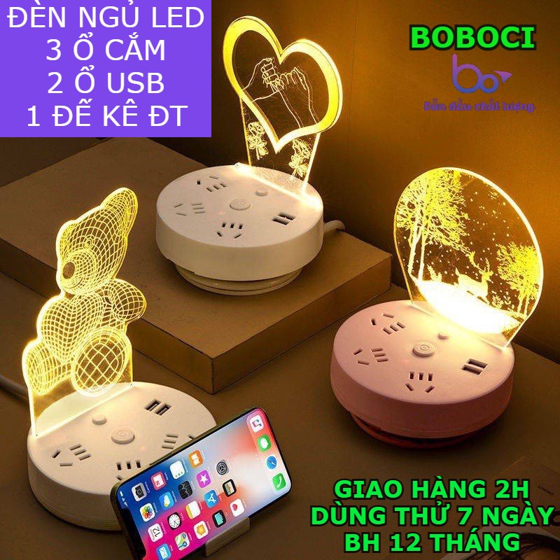 Đèn ngủ led 3D đổi 3 màu BOBOCI - Kèm ổ cắm điện đa năng cắm sạc Usb tiện dụng , món quà ý nghĩa - bh 12 tháng