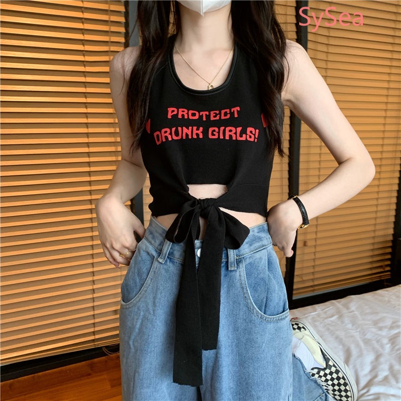 Áo Dệt Kim Hai Dây In Chữ Thời Trang Mùa Hè Cho Nữ