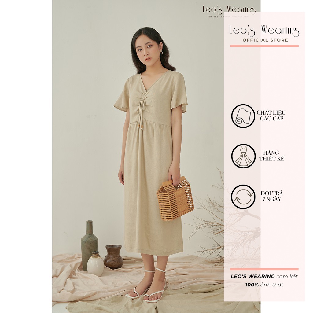 Đầm suông nữ LEOSWEARING váy dáng dài dây rút vải Linen Bột hợp mặc văn phòng dạo phố A68