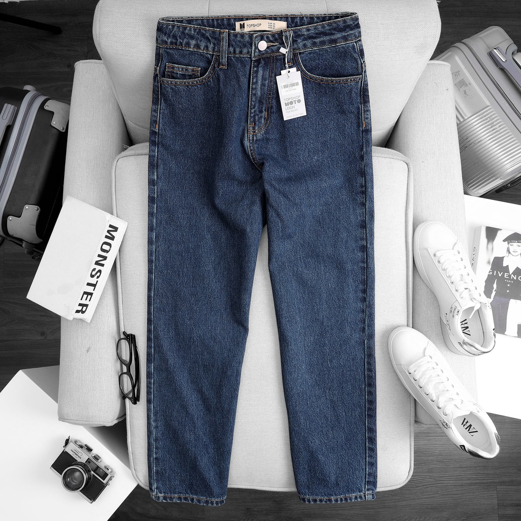 Quần Jeans Nữ Lưng Cao Ống Suông Rộng Màu Xanh Đậm L-03