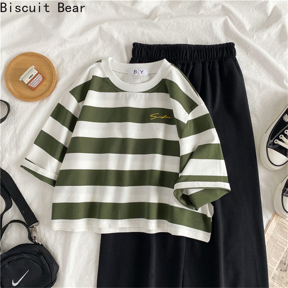 Set Áo Crop Top Sọc Đen + Quần Dài Ống Rộng Lưng Cao Thời Trang Hàn Cho Nữ | BigBuy360 - bigbuy360.vn