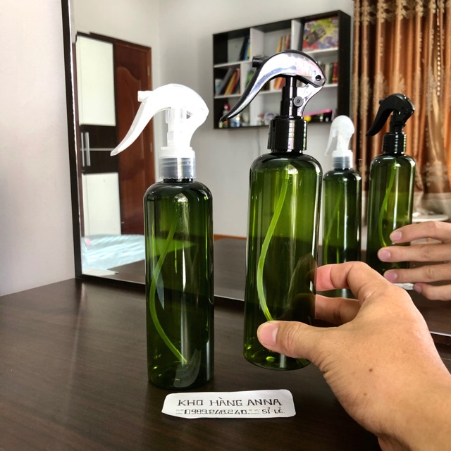Chai nhựa Xanh lá, xanh rêu 500ml/ 300ml/ 250ml/ 200ml/ 150ml/ 100ml- Chai Pet xanh xịt sương, vòi nhấn giọt, nắp đen