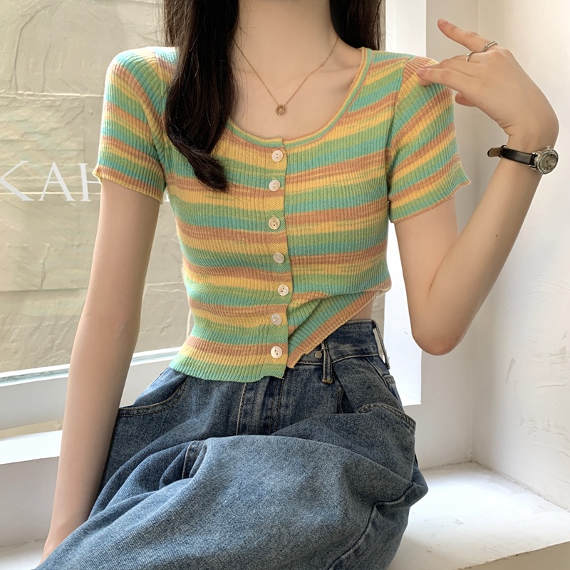 【ZHELIHANGFEI】Áo Cardigan Dệt Kim Tay Ngắn Dáng Ôm Kẻ Sọc Quyến Rũ Trẻ Trung