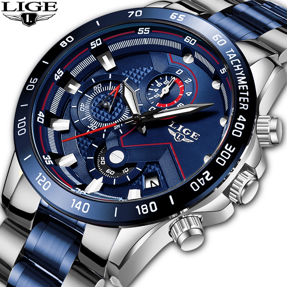 LIGE Men's Watch 9982 Fashion Men Stainless Steel Waterproof Quartz