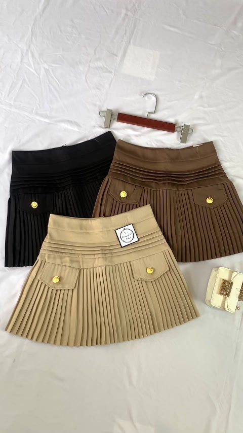 Chân Váy Ngắn Xếp Ly Nhỏ Dáng Xòe - Chân Váy Nữ Chữ A Lưng Cao Nắp Túi Đính Cúc Hàng Quảng Châu Cao Cấp | BigBuy360 - bigbuy360.vn