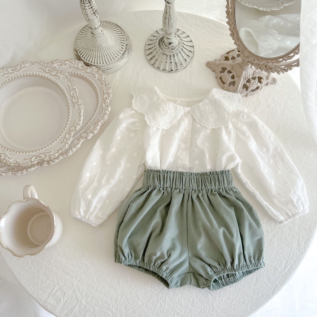 Bộ Áo Sơ Mi Tay Dài + Quần Short Màu Trơn Đơn Giản Thời Trang Cho Bé Gái 2313