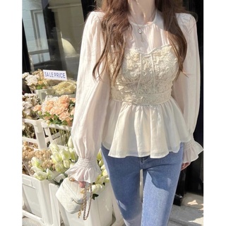 Áo thêu hoa tay dài tơ organza phong cách hàn quốc