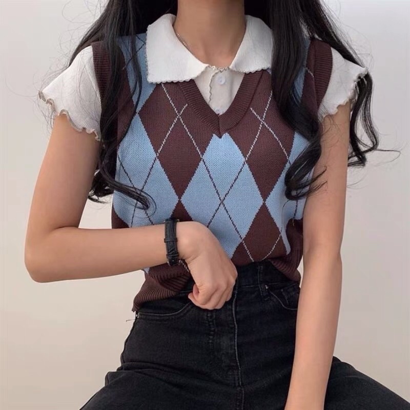 Áo vest gile len dệt kim croptop in 2 mặt hình thoi idol Rosé Hồng/Đen/Nâu