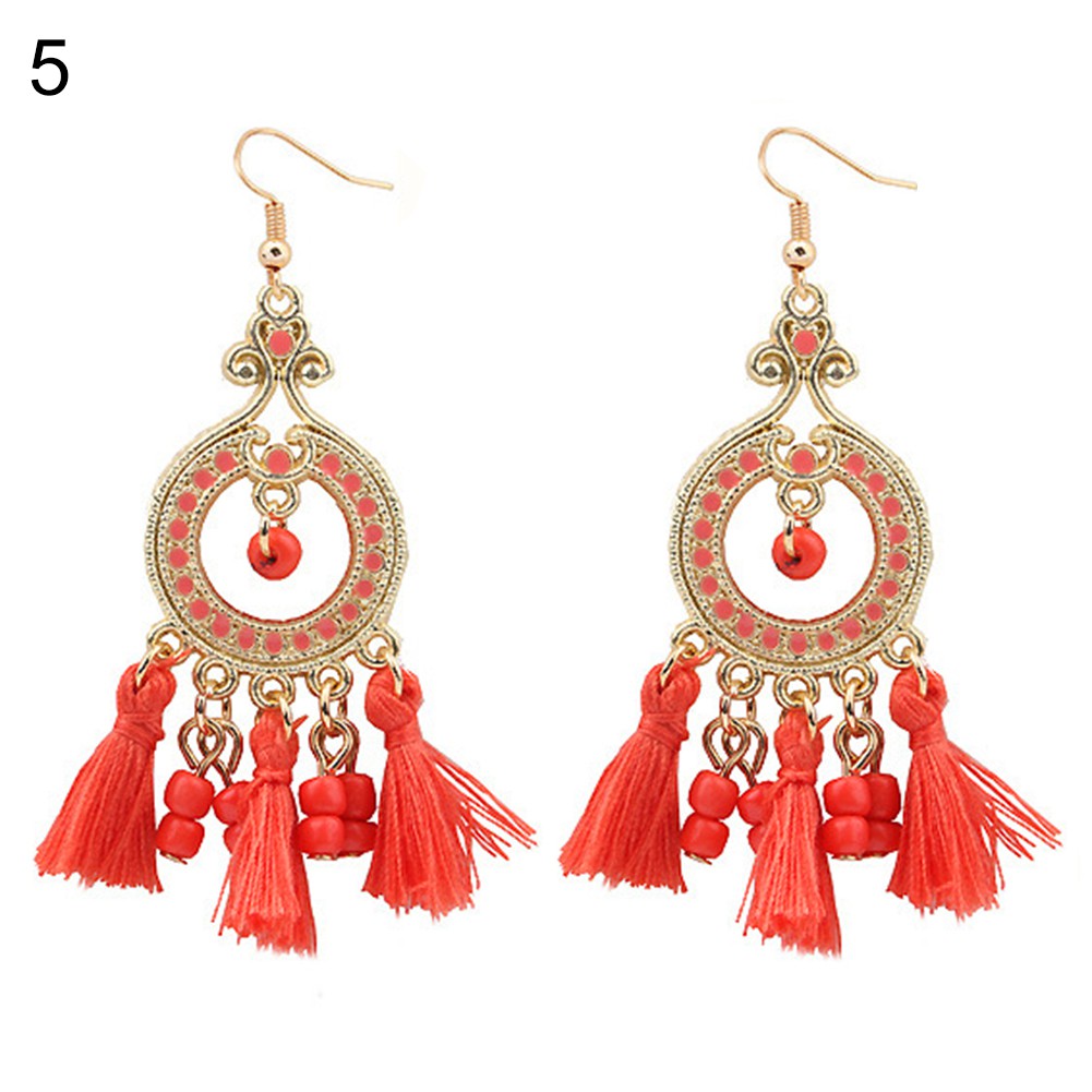 Khuyên tai dáng dài phối tua rua đính hạt phong cách Boho cổ điển cho nữ