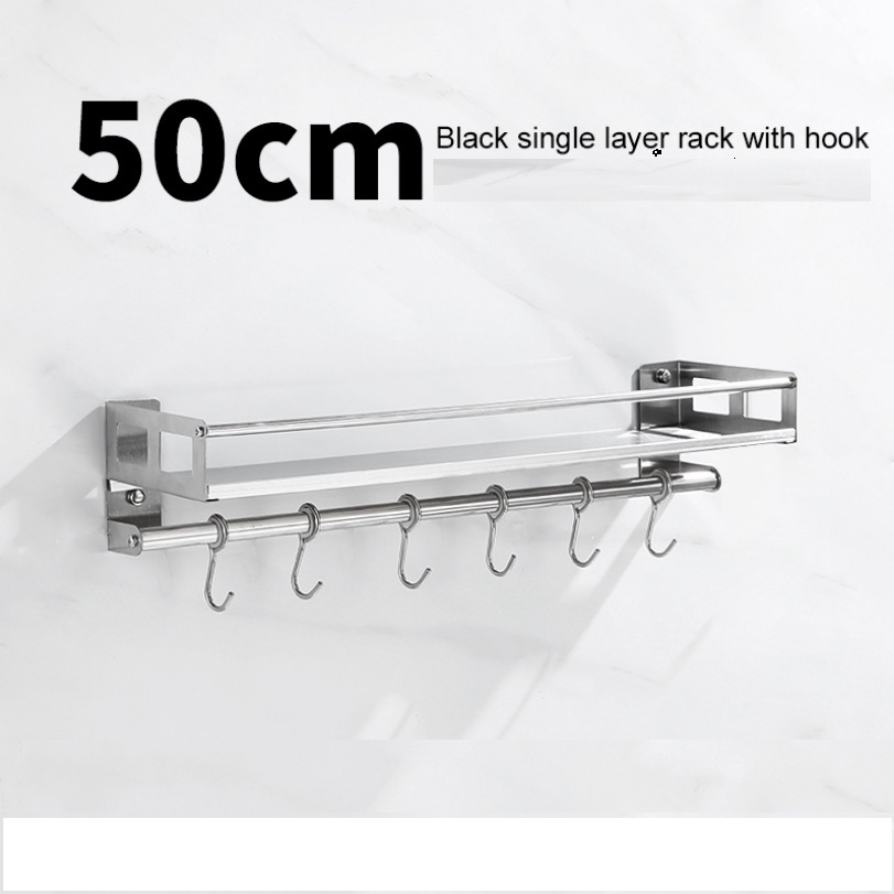 Kệ đựng gia vị inox dán tường 50cm kèm 6 móc tiện lợi