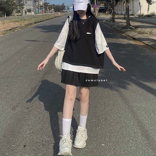 Áo Thun Nữ, Set Áo Phông Trắng mix Gile Đen Siêu Xinh Hàng Loại 1