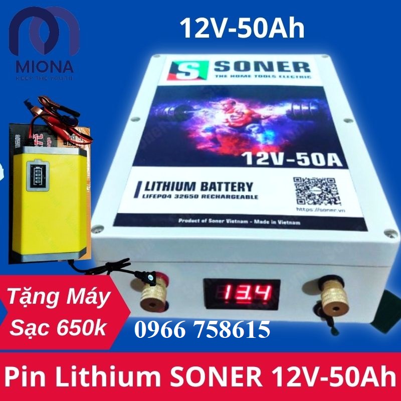 Pin Sạc SONER Lithium 12V - 50Ah, Tặng kèm máy sạc Pin Soner, Miona Store