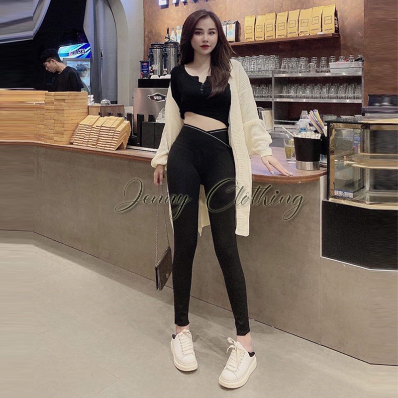 Quần legging nữ cạp cao dài vải Umi co giãnviền sọc kẻ trắng vạt chéo gen bụng nâng mông màu đen mặc tập gym ở nhà đẹp