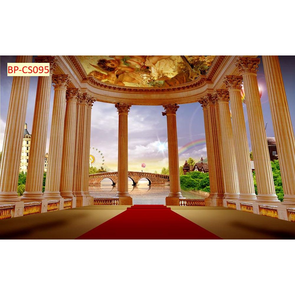 Tranh dán tường cửa sổ phong cách lâu đài, thác nước 3D