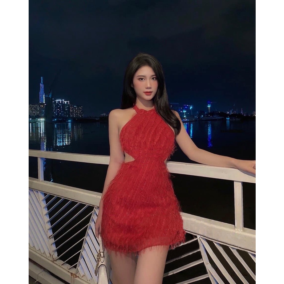 [LO02] Đầm Tua Rua Cổ Yếm Thắt Nơ Khoét Eo Hở Lưng - Vải Lông Bông Tuyết - 3 Màu Đen, Đỏ, Trắng - Cho Nàng Đi Tiệc | BigBuy360 - bigbuy360.vn