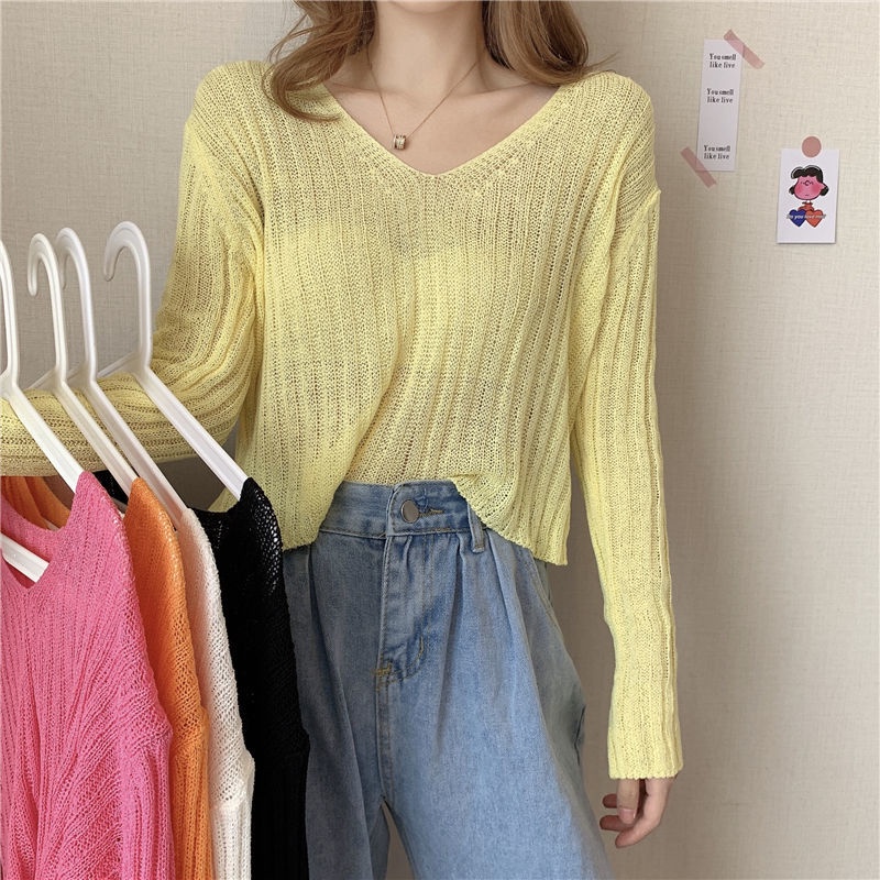Áo Thun Dài Mỏng Xuyên Thấu Cổ Chữ V Màu Sắc Ngọt Ngào Thời Trang Mùa Hè Gợi Cảm Dễ Phối Đồ Dành Cho Nữ