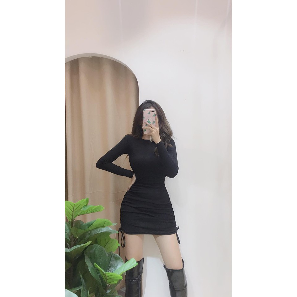Váy body tay dài dây rút và nhún hông cổ tròn [ẢNH THẬT TẠI SHOP] | BigBuy360 - bigbuy360.vn
