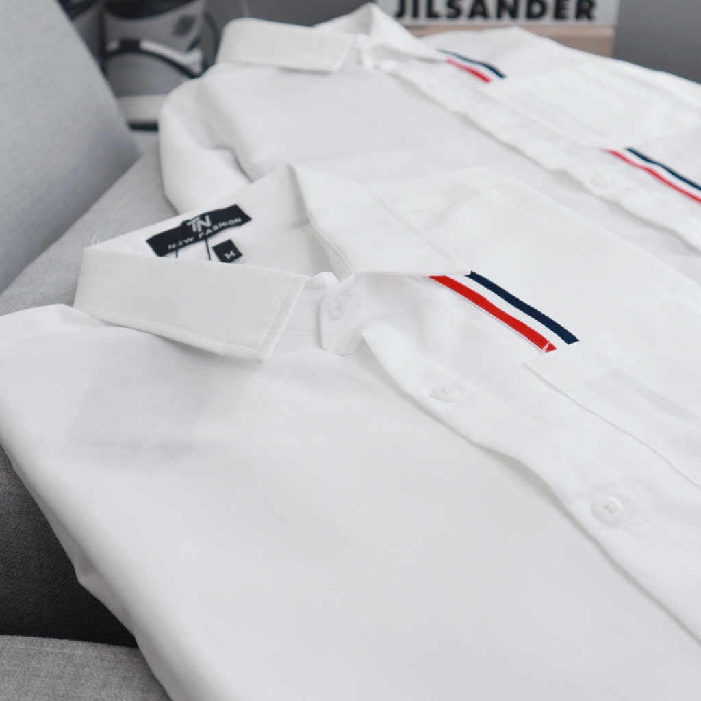 ÁO SƠ MI NAM PHỐI VIỀN CHẠY SỌC TRẮNG TINH TẾ PHONG CÁCH SOÁI CA