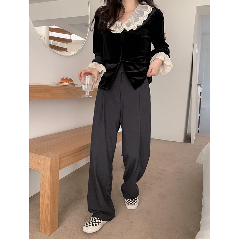 Áo sơ mi nhung SUXI tay dài dáng rộng cổ phối ren thời trang mùa thu phong cách Hàn Quốc