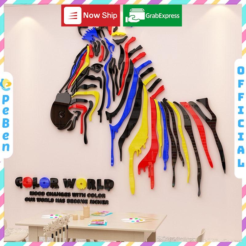 Tranh dán tường mica 3d hình con ngựa thế giới sắc màu trang trí mầm non, phòng cho bé Nhiều Size - EPeBen