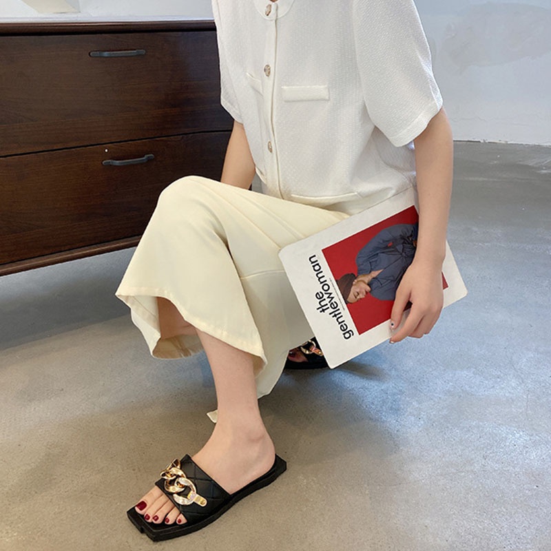 Big Size 36-41 Dép nữ XIELUAIZTA đế bằng trang trí chuỗi xích thanh lịch thời trang đi biển