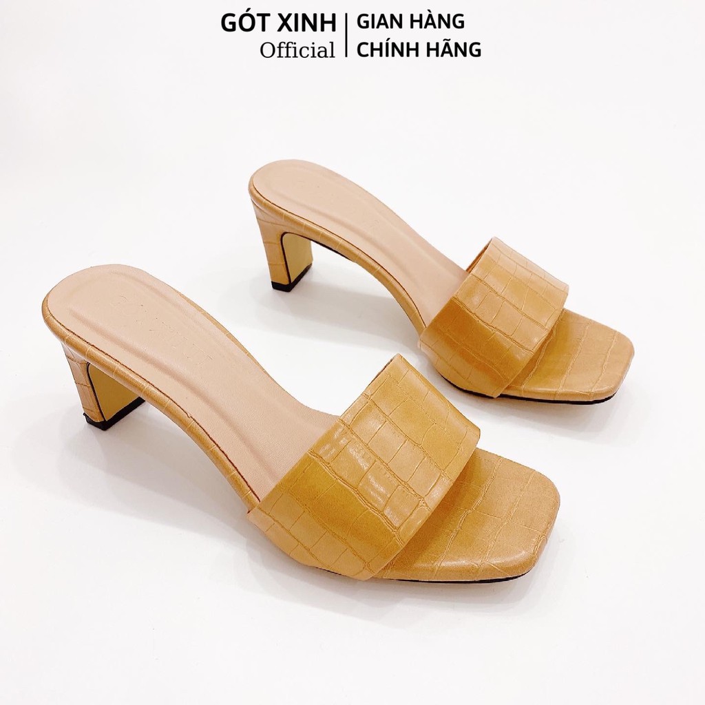 Dép cao gót nữ GÓT XINH D21 màu kem quai ngang dập vân da rắn đế cao 4cm