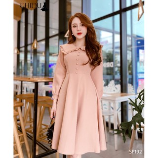CHIDU Váy cổ bèo cúc bọc thanh lịch SP192