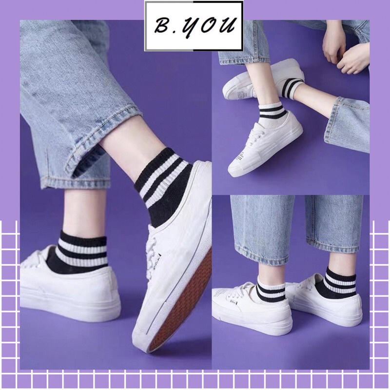 Tất cổ lửng kẻ sọc ngang nam nữ unisex, phong cách hàn quốc, chất liệu thoáng mát, thấm hút mồ hôi