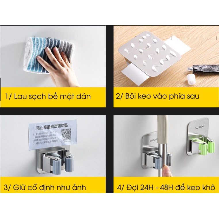 Móc Kẹp Inox - Taky, Treo Cây Lau Nhà Gắn Tường, Khô Ráo - Gọn Gàng - Ngăn Nắp, Gắn Keo Siêu Chắc Không Khoan Đục - 4032
