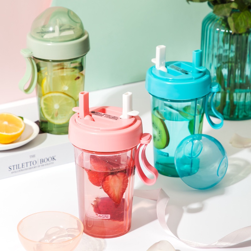 Bình Nước Hai Ống Hút 600ml Có Thể Tách Rời Tiện Dụng Cho Cặp Đôi