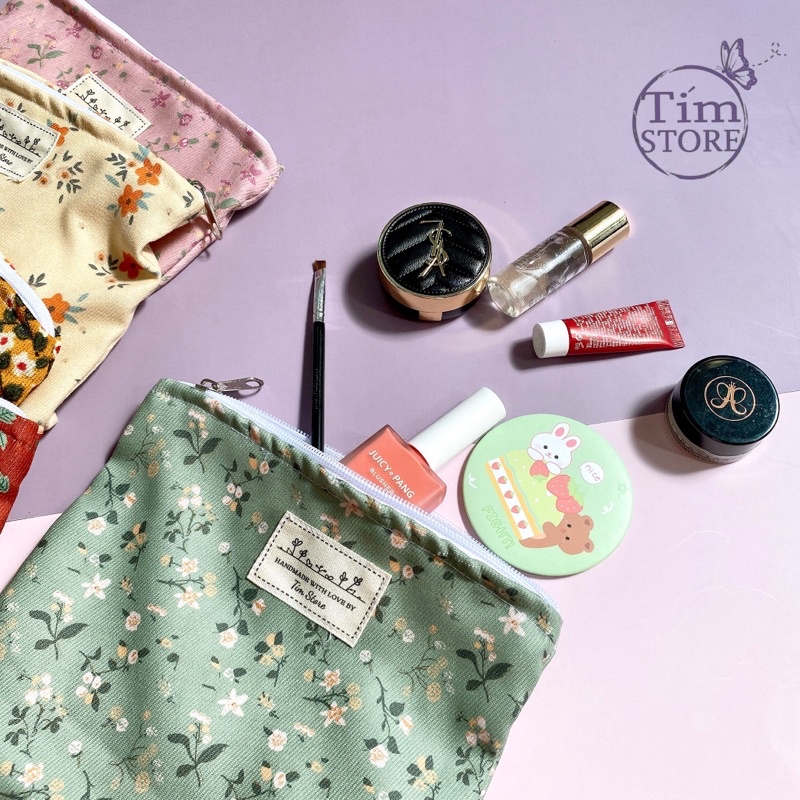 Túi vải hoa vintage đựng mỹ phẩm trang điểm cá nhân bút viết TÍM STORE I