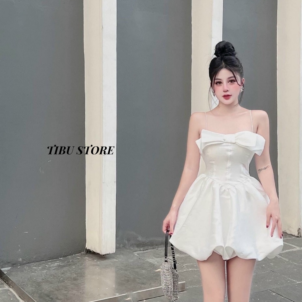 Đầm body hai dây đuôi bí Tibu, váy nữ xoè dáng ôm phối nơ (có mút) dự tiệc, đi chơi siêu xinh