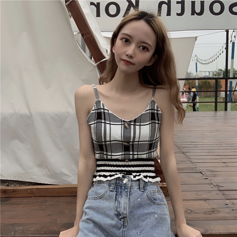 Áo Hai Dây Dệt Kim Cổ Chữ V Sọc Ca Rô Phong Cách Chic Pháp 2022 Xinh Xắn Cho Nữ