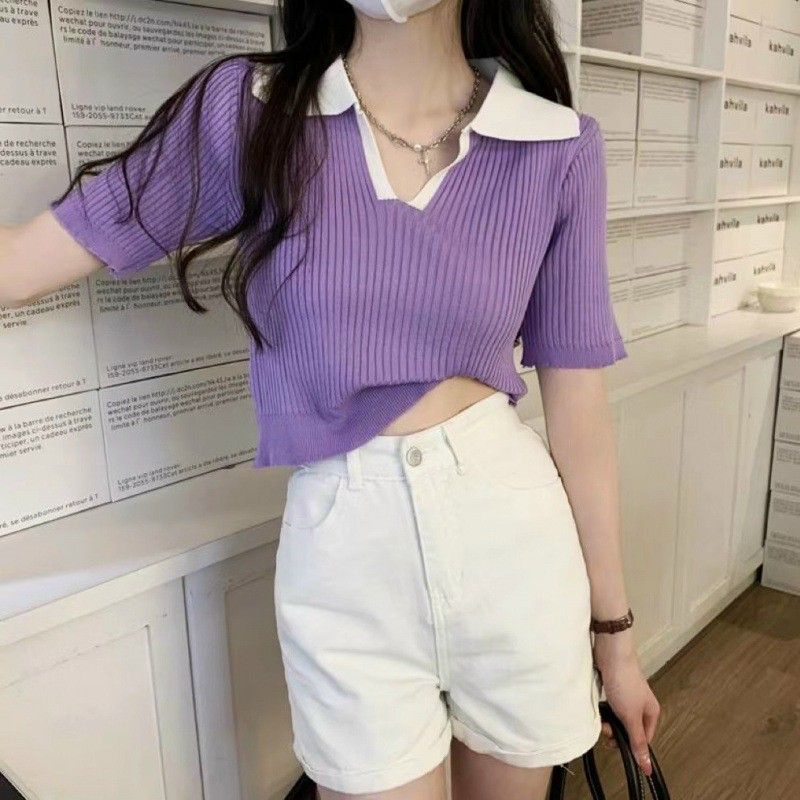 áo len tím  cổ bẻ trắng A285k