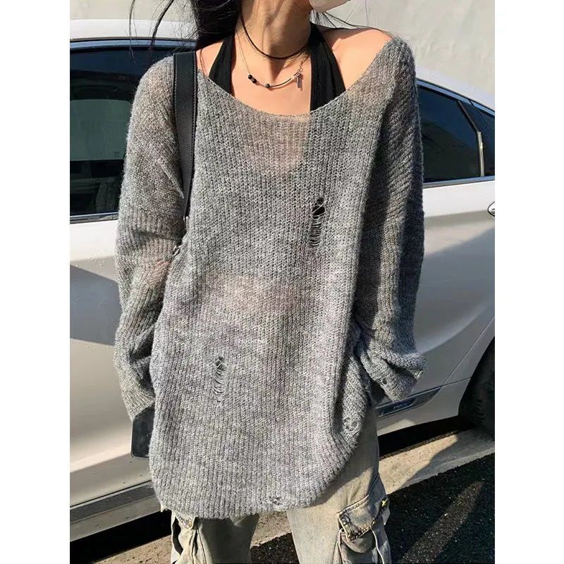 Jiashucheng Áo Sweater Dệt Kim Mỏng Tay Dài Dáng Rộng Rách Lỗ Rỗng Cỡ Lớn Thiết Kế Cá Tính Cho Nữ