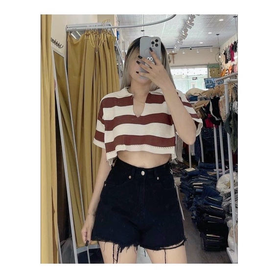 áo len croptop quảng châu cổ bẻ chữ V ngắn tay