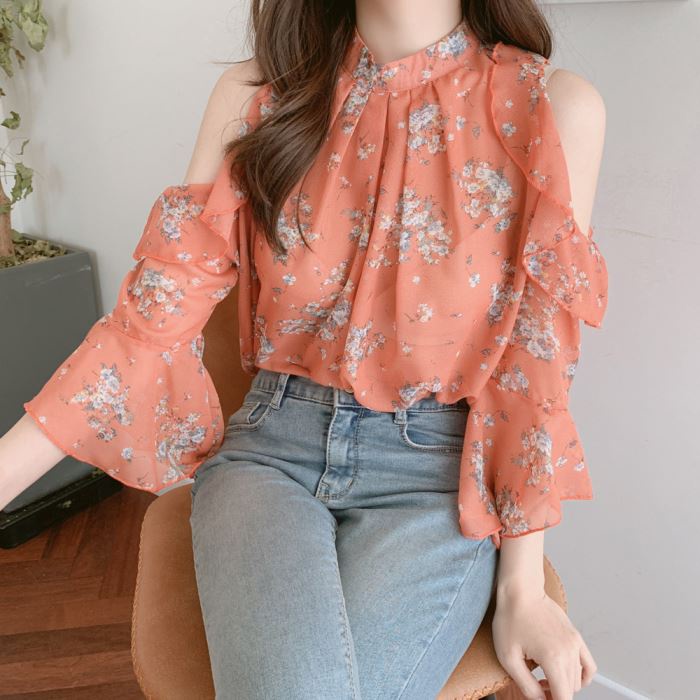 Áo chiffon Tay Loe Trễ Vai In Họa Tiết Thời Trang Mùa Hè Phong Cách Hàn Quốc Cho Nữ