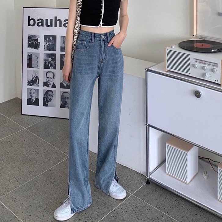 Quần jeans dài lưng cao ống rộng thời trang cho nữ