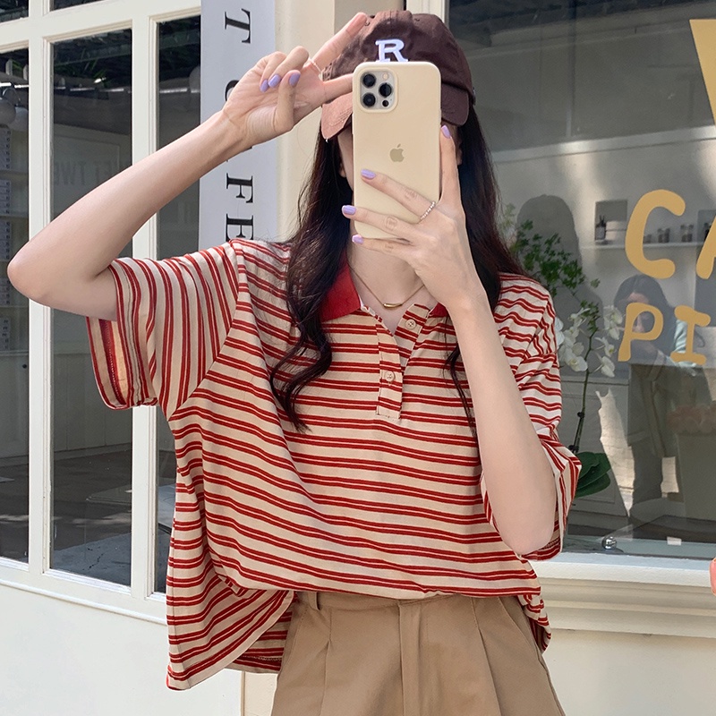 Áo thun SUXI ngắn tay dáng rộng họa tiết kẻ sọc màu tương phản phong cách Hàn Quốc thời trang mùa hè cho nữ