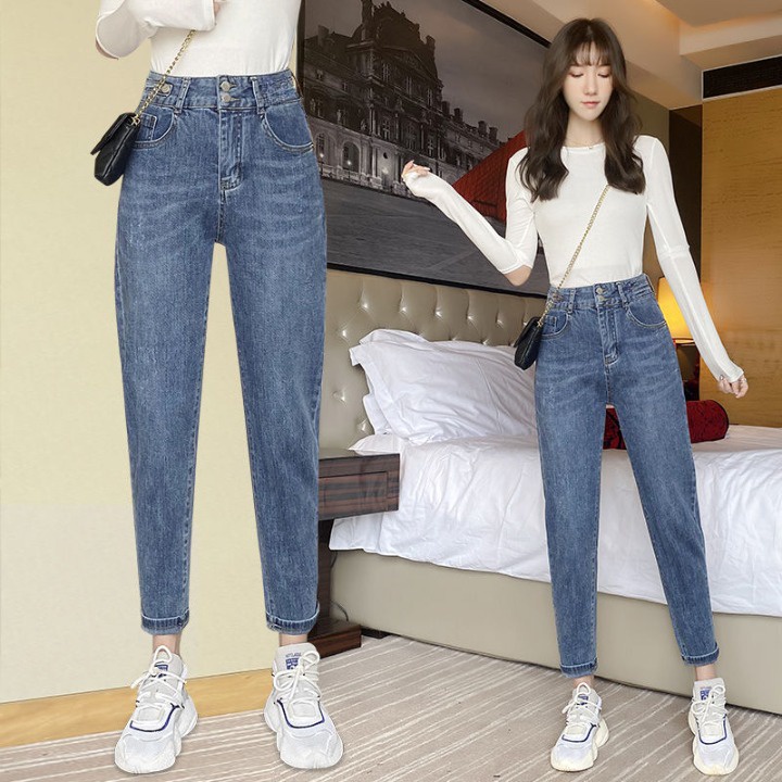 quần jean nữ lưng cao chất vãi co giãn cao cấp in dập nổi cạp 2 khuy dáng boy