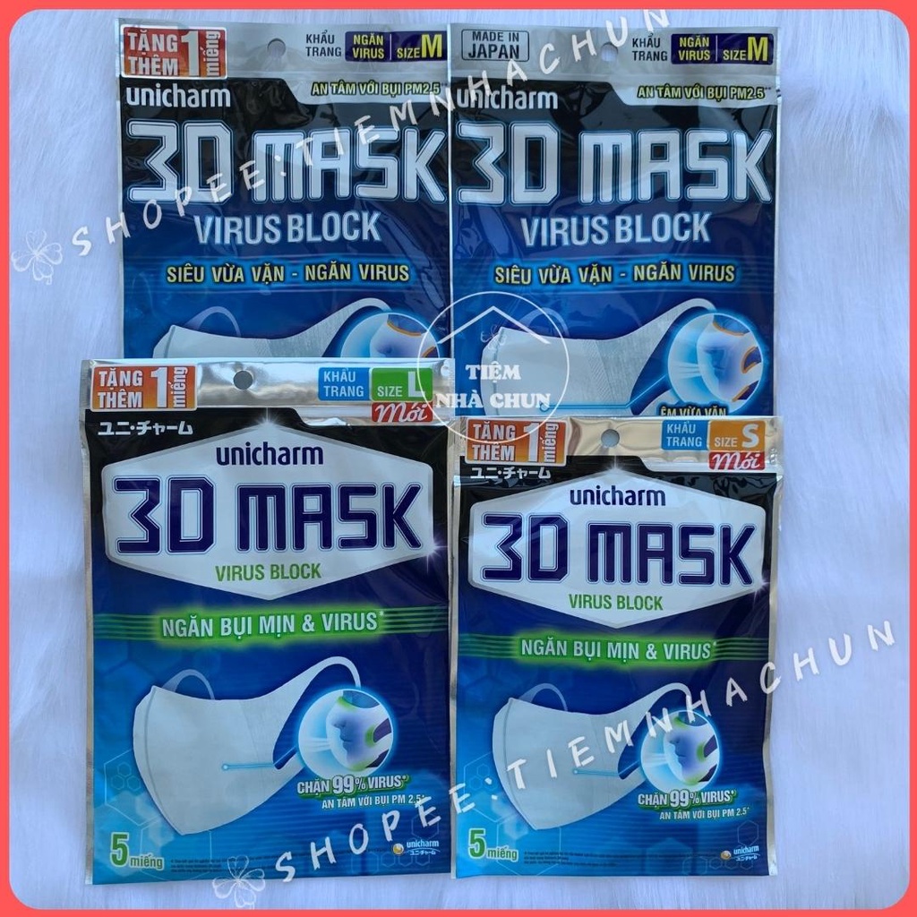 [CHÍNH HÃNG] Khẩu Trang Ngăn Vi Khuẩn Unicharm 3D Mask Virus Block Size S, M, L Gói 5 thumbnail